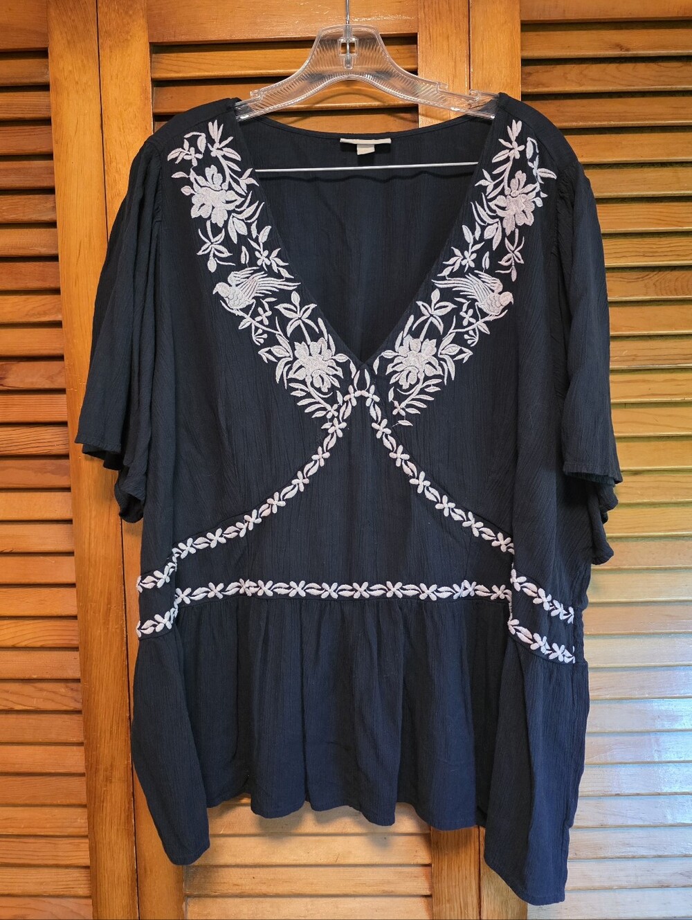 Knox Rose Navy Blue Embroidered Tunic Blouse Top Crinkle Short Sleeve Boho Sz 2X